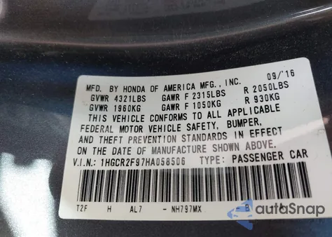 2017 Honda Accord Ex-L z USA, uszkodzony, nr VIN 1HGCR2F97HA058506